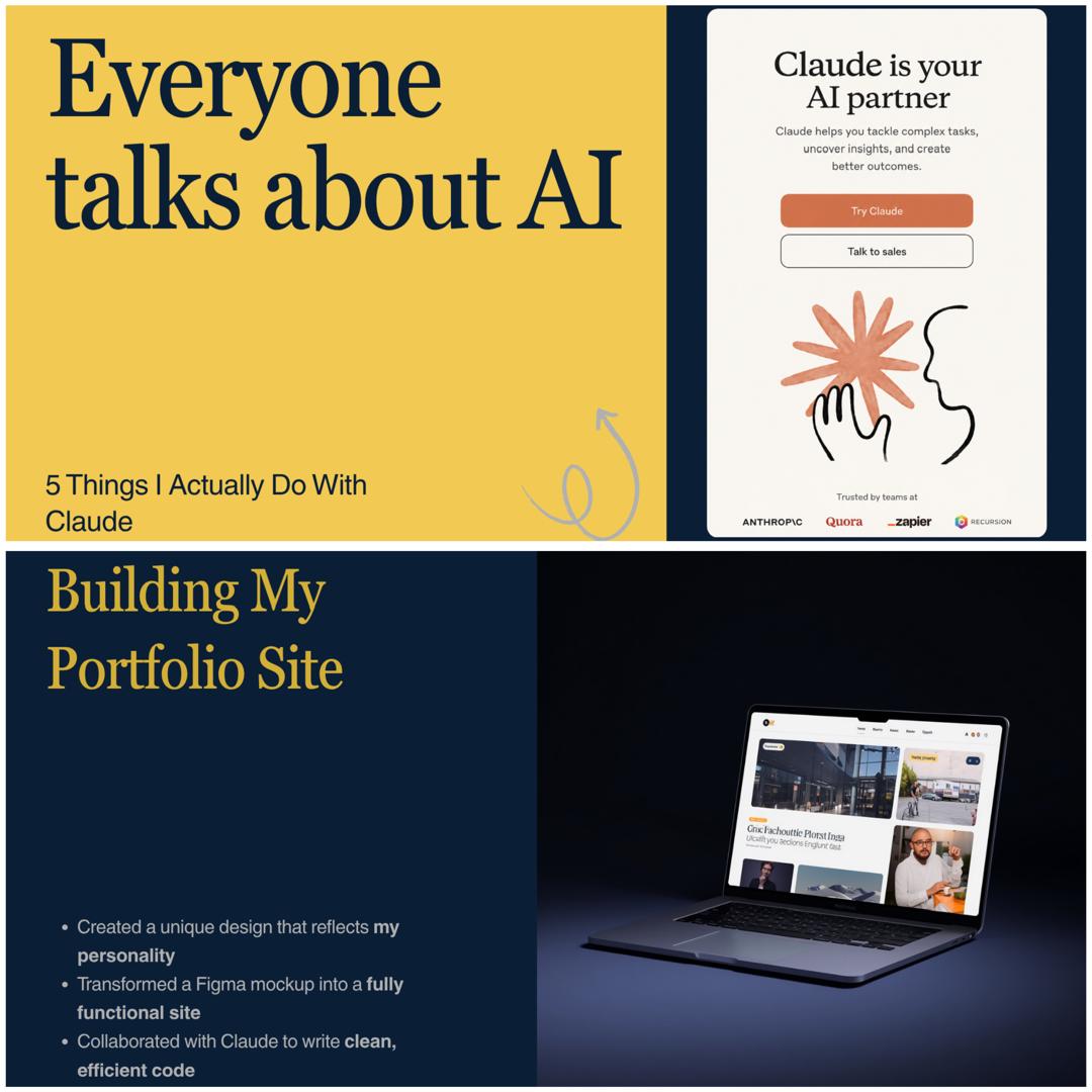 Carousel slide, Everyone talks about AI, 5 things I actually do with Claude, and a Building My Portfolio Site slide.