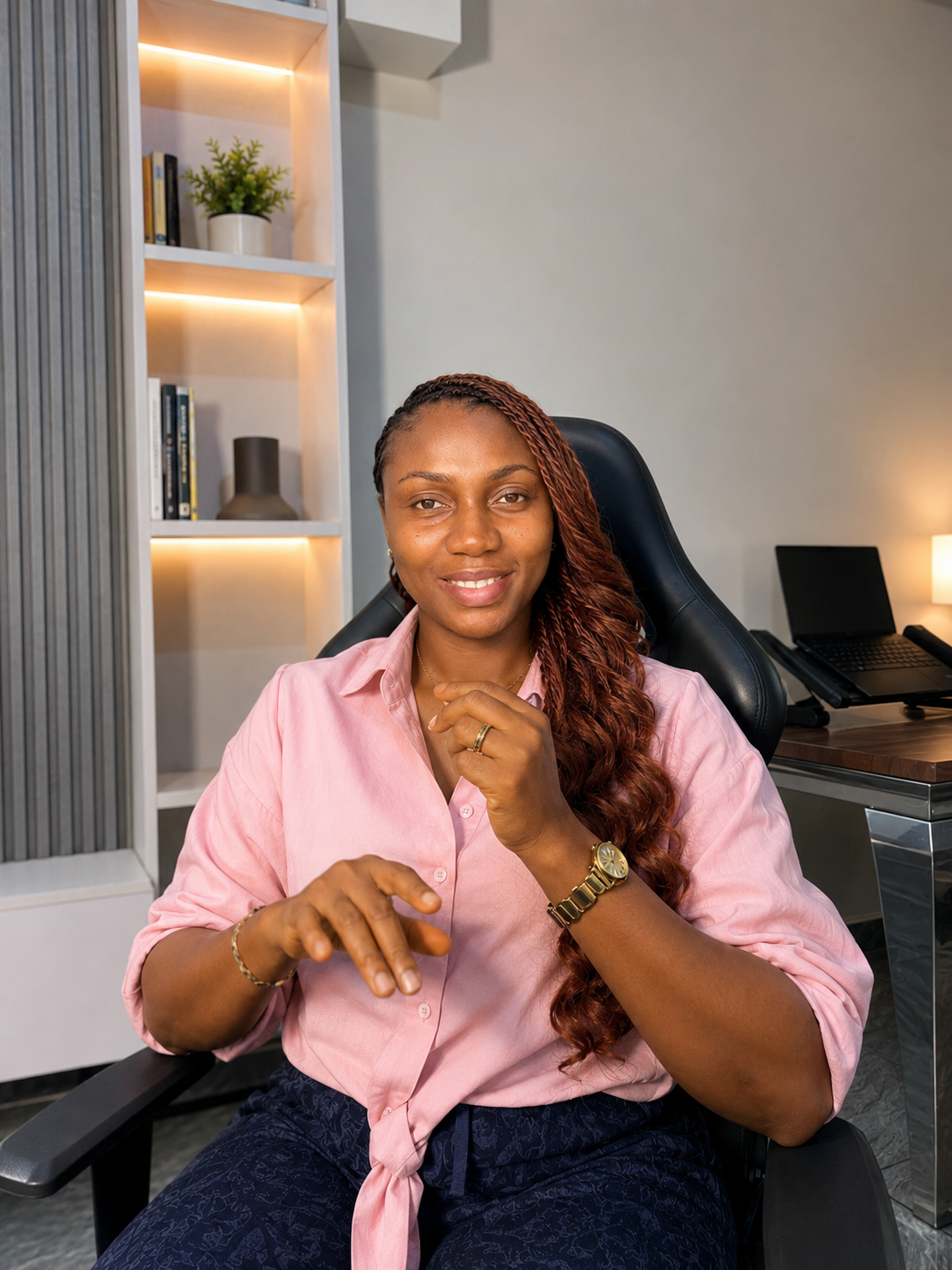 Portrait at a workspace in a pink shirt, warm office lighting.