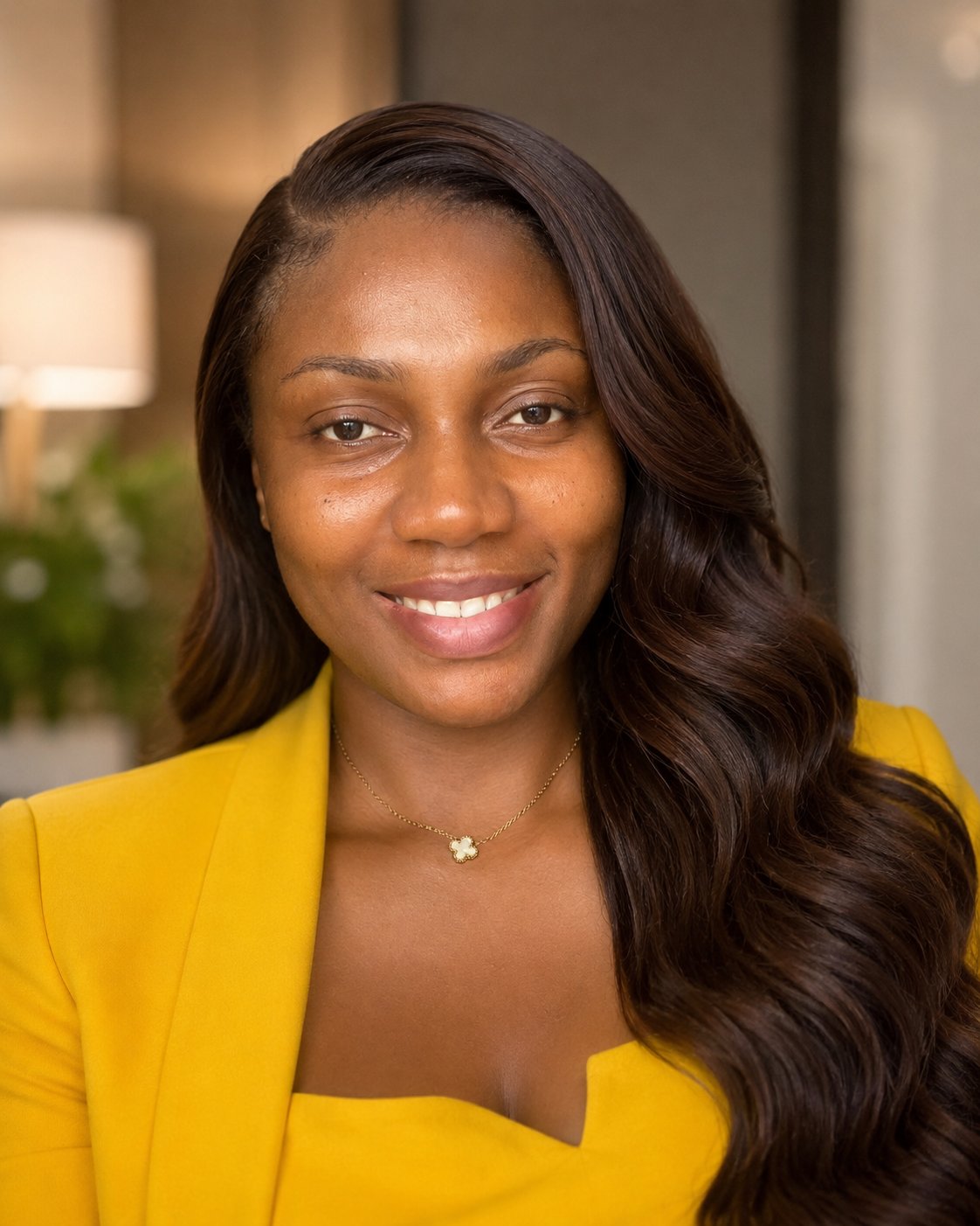 Editorial portrait in a yellow blazer, warm indoor light.