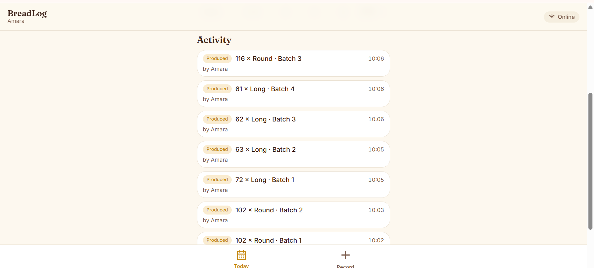 BreadLog activity feed listing each production entry with batch number and time.